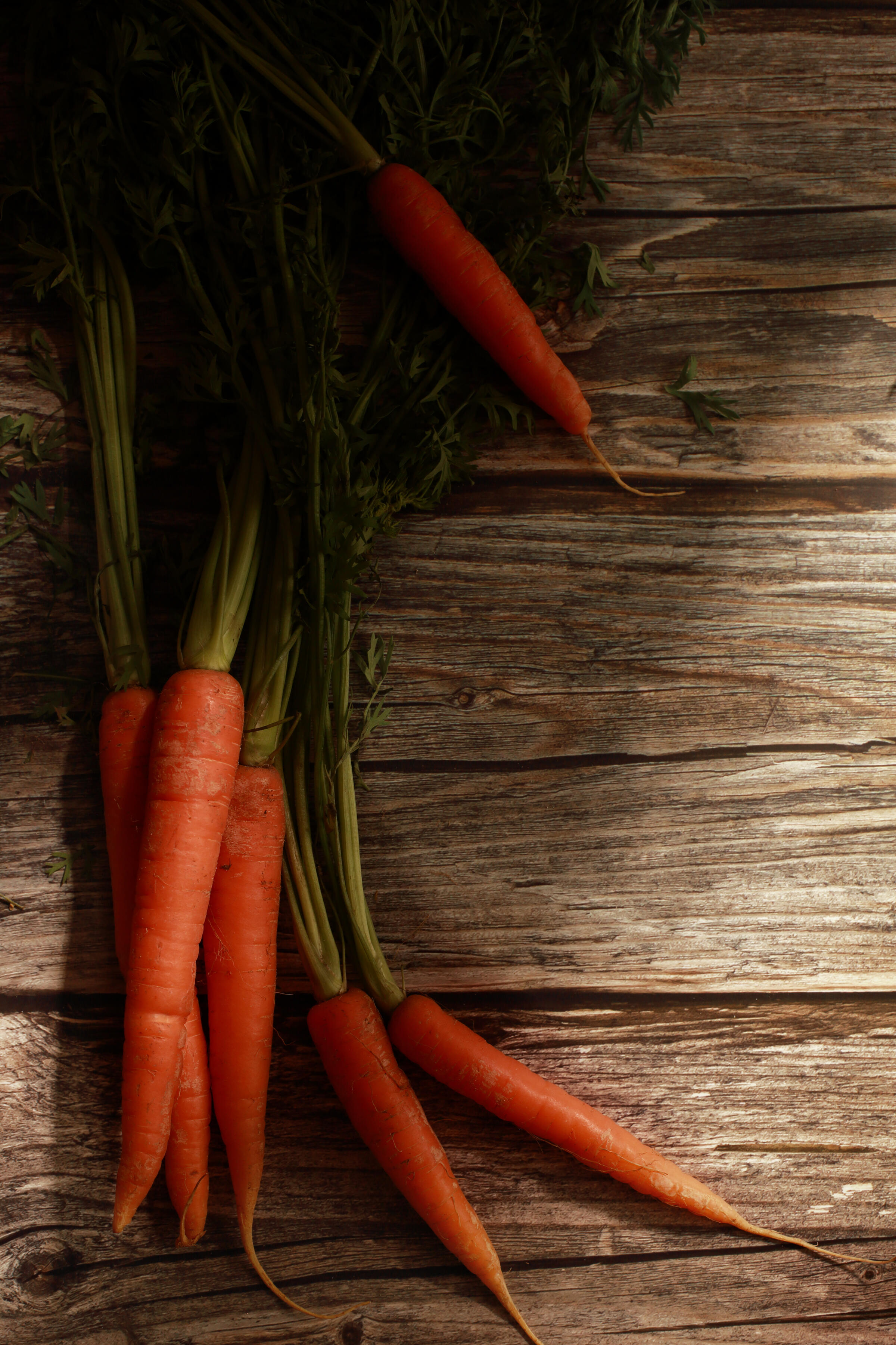 Carrot backdrop Fresh carrot with leaves on wooden surface in natural food photography